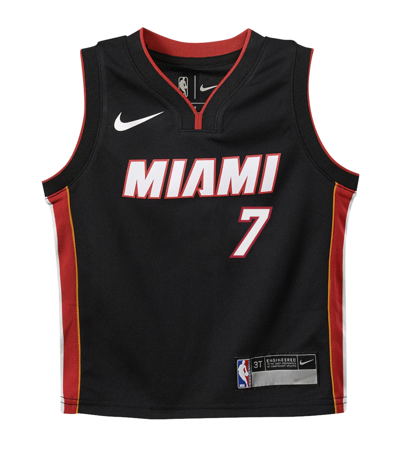 A black Miami Heat basketball jersey with red and yellow side panels, the number 7 on the front, and Nike and NBA logos. Crafted from durable polyester in a standard fit, this jersey is designed for comfort and can be easily maintained with a machine wash.