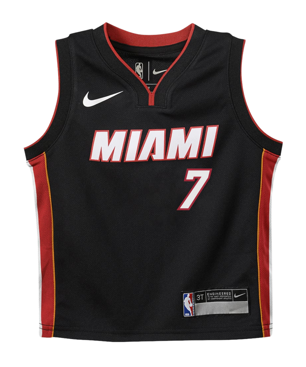 A black Miami Heat basketball jersey with red and yellow side panels, the number 7 on the front, and Nike and NBA logos. Crafted from durable polyester in a standard fit, this jersey is designed for comfort and can be easily maintained with a machine wash.