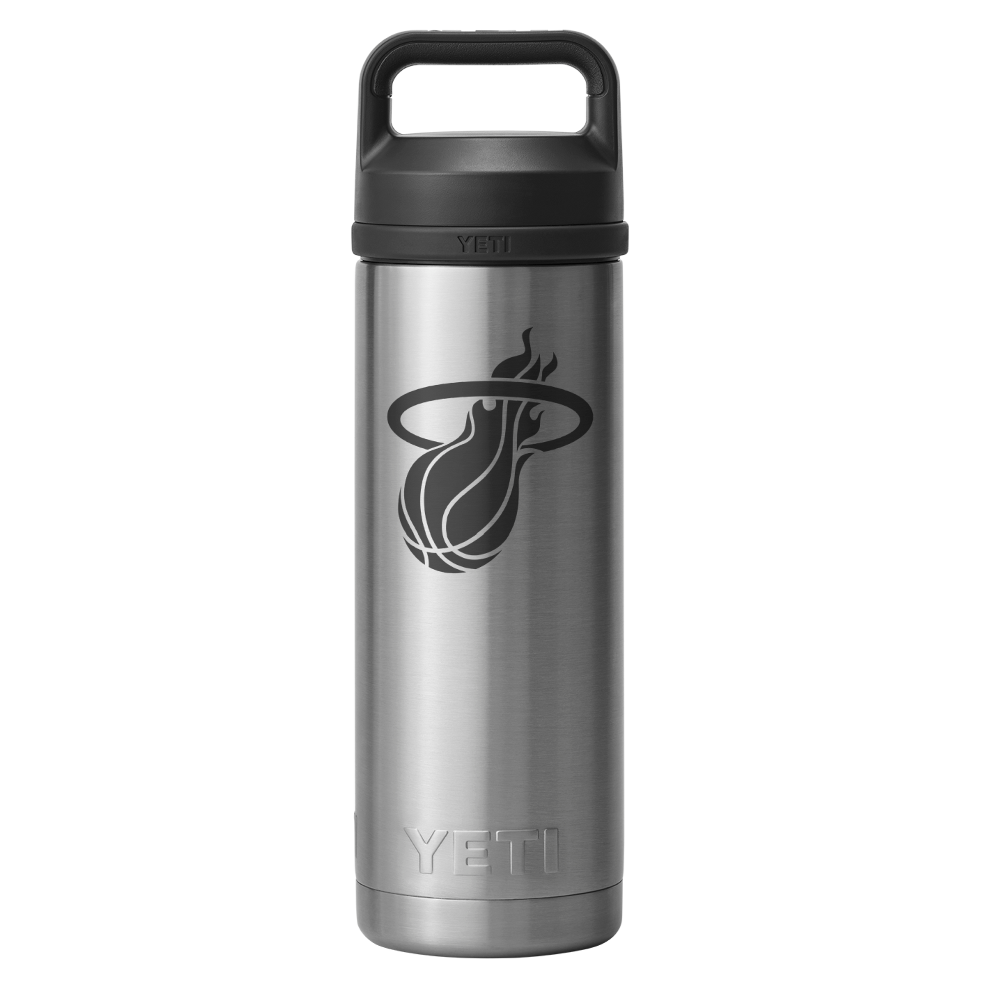 The Yeti Miami HEAT 18oz Rambler Bottle is a vacuum insulated stainless steel water bottle with a black lid, featuring the Miami Heat logo. This leakproof bottle keeps drinks cold while showing your team pride.