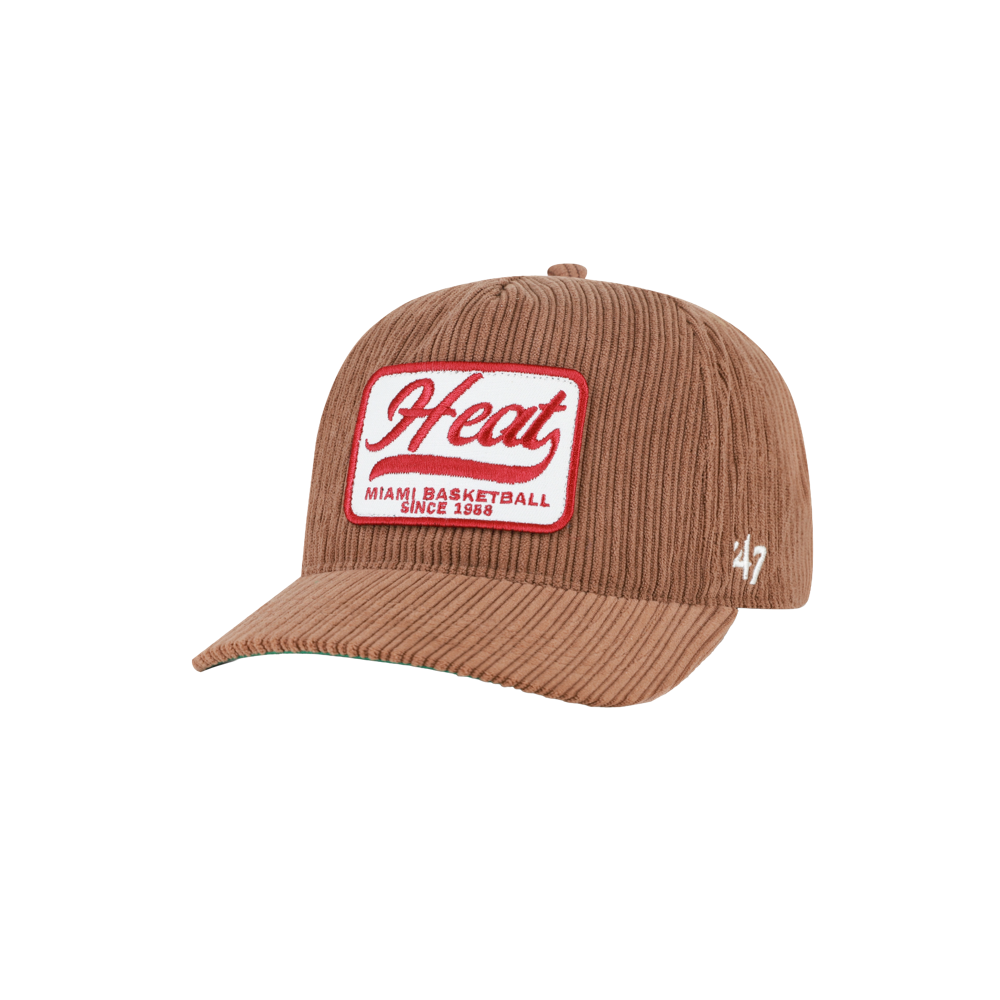 The ’47 Brand Miami HEAT Corduroy Patch Snapback is a brown corduroy baseball cap featuring a red and white patch on the front that reads “Heat Miami Basketball Since 1988” and the number 47 embroidered on the left side. Made from durable polyester, this cap is one size fits most and easy to spot clean for everyday wear.