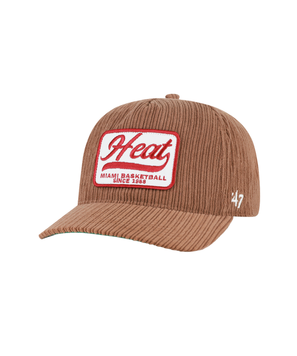 The ’47 Brand Miami HEAT Corduroy Patch Snapback is a brown corduroy baseball cap featuring a red and white patch on the front that reads “Heat Miami Basketball Since 1988” and the number 47 embroidered on the left side. Made from durable polyester, this cap is one size fits most and easy to spot clean for everyday wear.