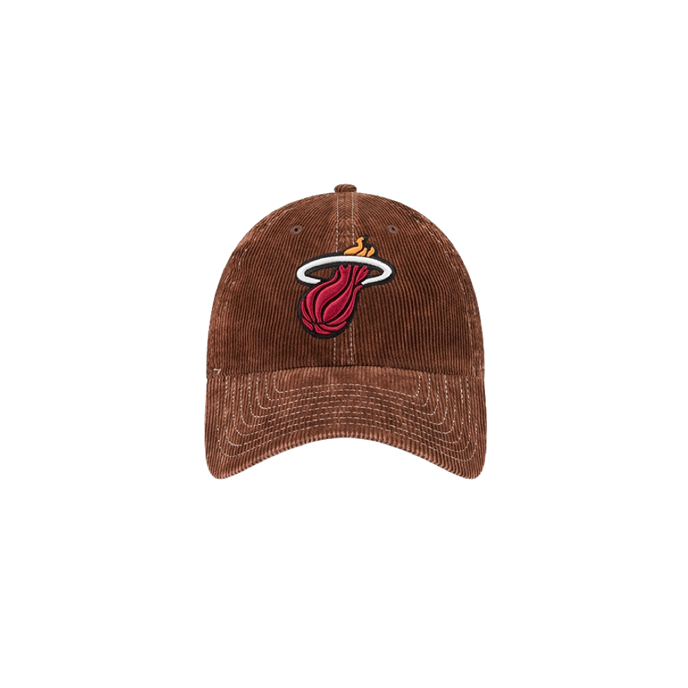The New Era Miami HEAT Brown Corduroy Dad Hat features the basketball team logo on the front and is displayed against a plain white background. Designed by New Era, this classic cap offers a comfortable, one size fits most fit—ideal for everyday wear.