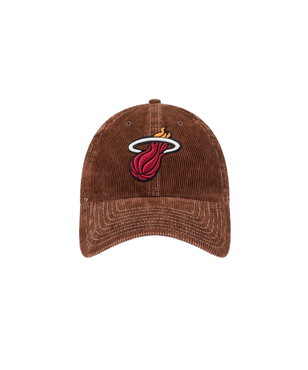 The New Era Miami HEAT Brown Corduroy Dad Hat features the basketball team logo on the front and is displayed against a plain white background. Designed by New Era, this classic cap offers a comfortable, one size fits most fit—ideal for everyday wear.