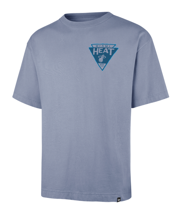 The '47 Brand Miami HEAT Original Vice Nights Switchback Tee is a cotton, light blue standard fit T-shirt with a blue triangular Miami Heat logo and basketball on the left chest. Machine washable; shown on a white background.
