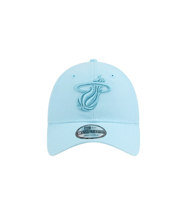 The New Era Miami HEAT Light Blue Color Pack Dad Hat is a light blue polyester cap with a raised embroidered team logo, a silver brim sticker, and an adjustable fit. Displayed on a white background, this New Era hat is easy to spot clean.