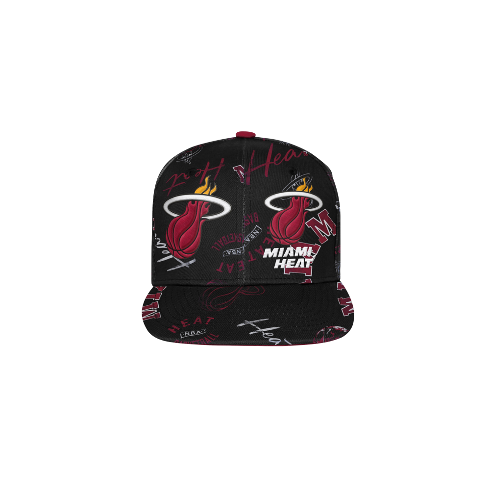 The Outerstuff Miami HEAT Youth Hooper Snapback features a black polyester build with red and white team logos all over. This flat-brim, one-size-fits-most cap is spot clean only and displayed on a plain white background.