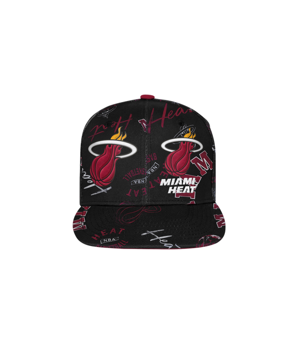 The Outerstuff Miami HEAT Youth Hooper Snapback features a black polyester build with red and white team logos all over. This flat-brim, one-size-fits-most cap is spot clean only and displayed on a plain white background.