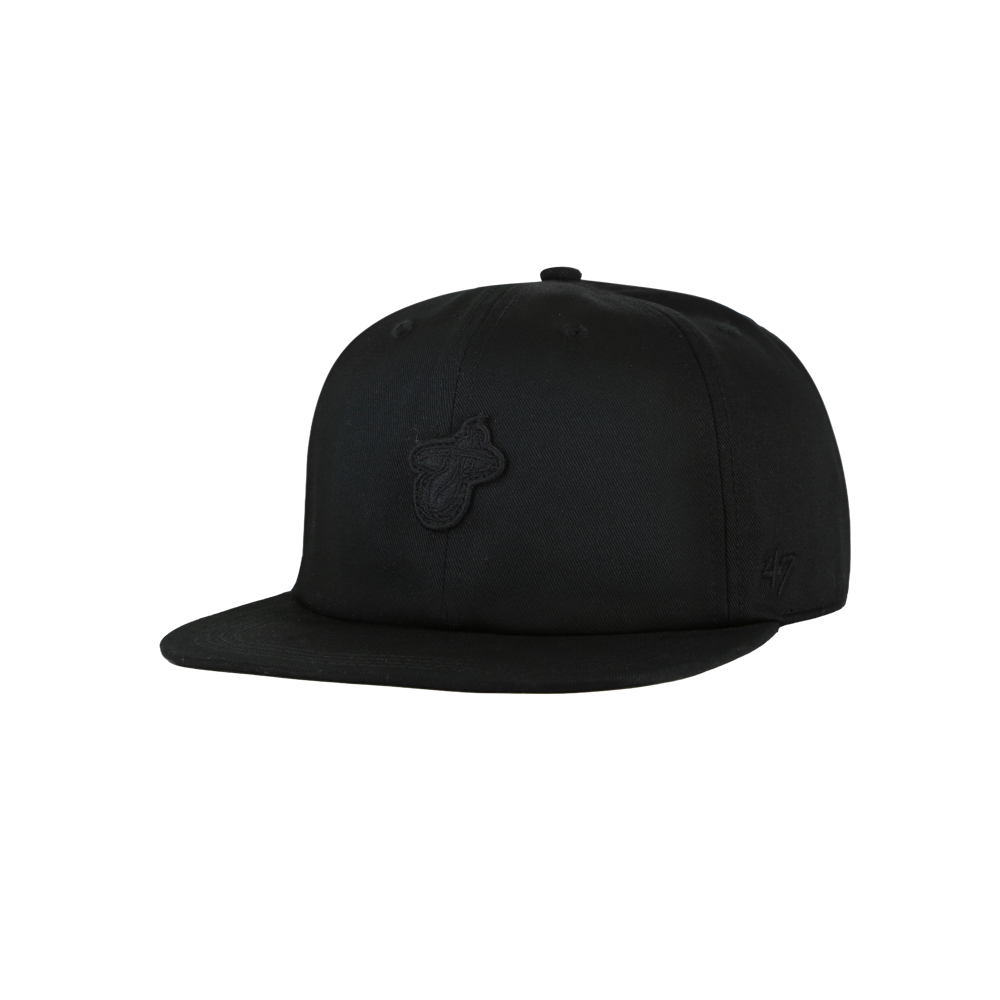 The '47 Brand Miami HEAT Captain Black Snapback is a cotton flat-brim hat with an all-black embroidered Miami Heat logo on the front. One size fits most. Spot clean only. Shown against a white background.