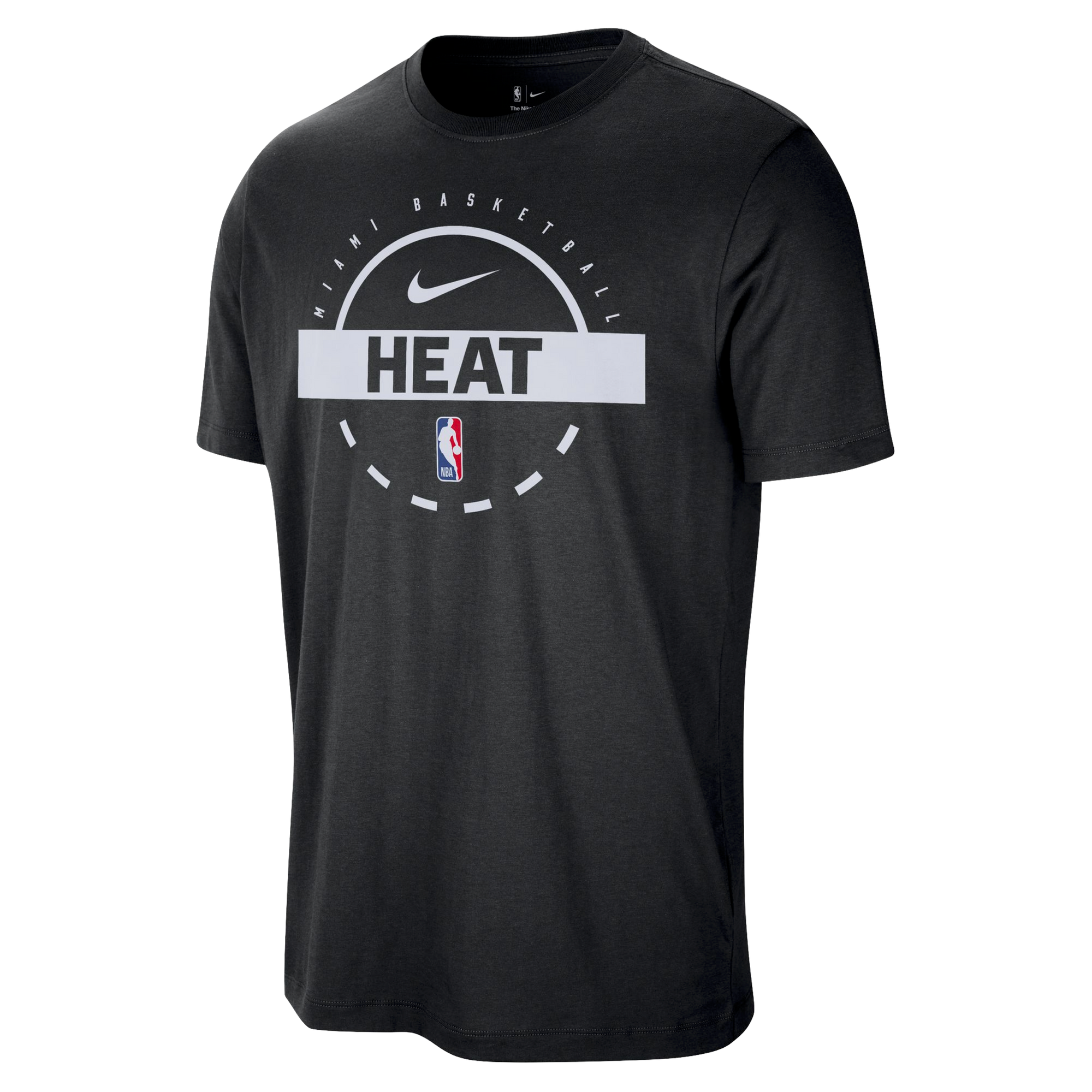 Black Nike Miami HEAT short-sleeve tee with white logo and NBA emblem on front. - Nike Miami HEAT 2025-26 On-Court Practice Tee