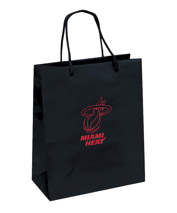 The Pro Specialties Miami HEAT Gift Bag is a black, officially licensed bag with two handles, red text, and the team logo on glossy paper; measures 12