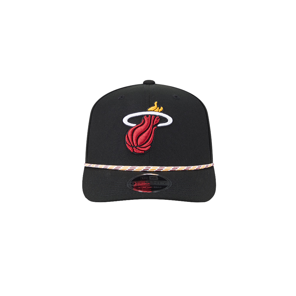 The New Era Miami HEAT Multi-Color Rope Snapback features a black design with the team logo on the front, patterned flat brim, and an adjustable stretch snapback for comfort.