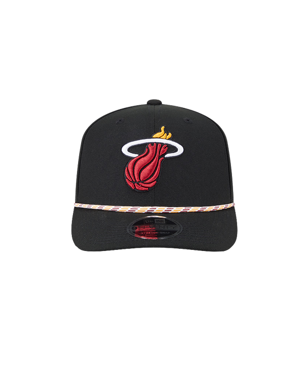 The New Era Miami HEAT Multi-Color Rope Snapback features a black design with the team logo on the front, patterned flat brim, and an adjustable stretch snapback for comfort.
