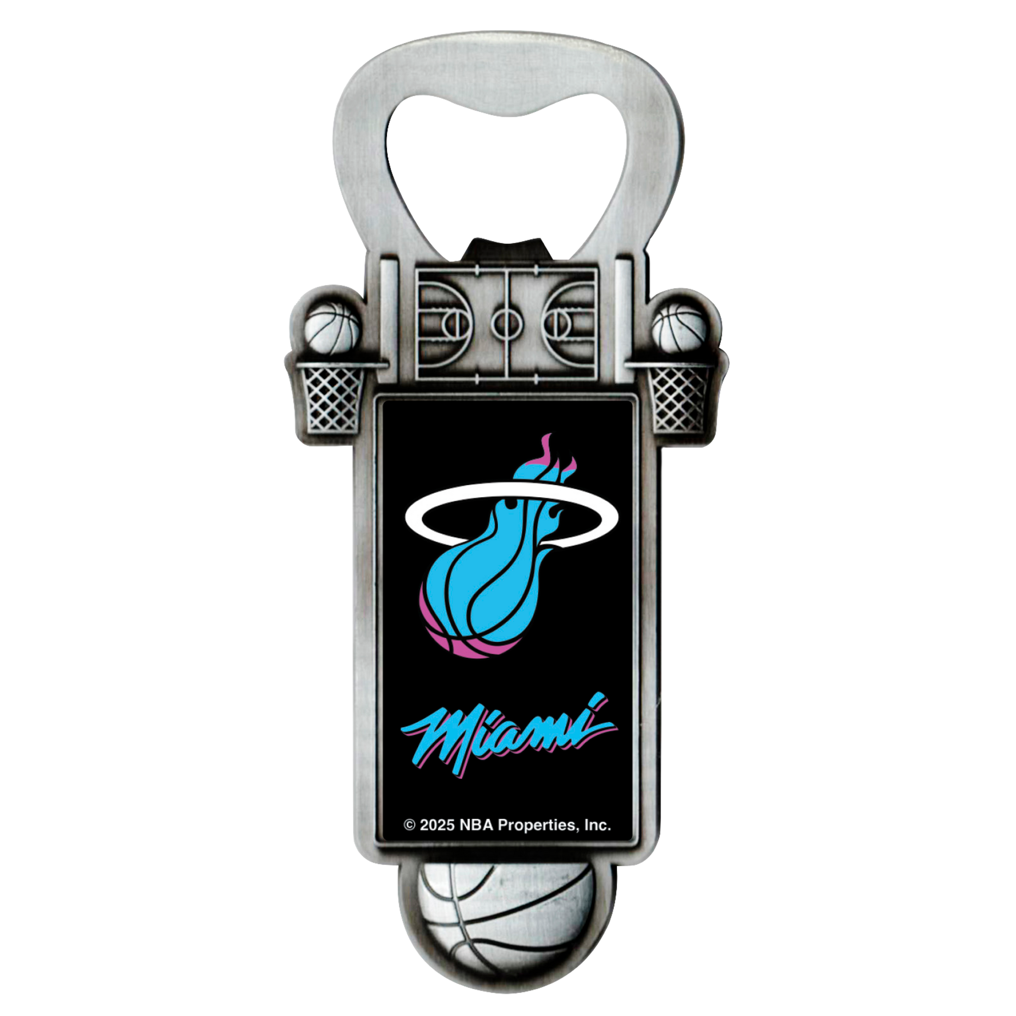 The Miami HEAT Original Vice Nights Bottle Opener by Rico Industries is an officially licensed stainless steel opener featuring basketball hoops, a ball, and the iconic flaming Miami Heat logo in teal and pink.