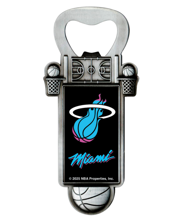 The Miami HEAT Original Vice Nights Bottle Opener by Rico Industries is an officially licensed stainless steel opener featuring basketball hoops, a ball, and the iconic flaming Miami Heat logo in teal and pink.