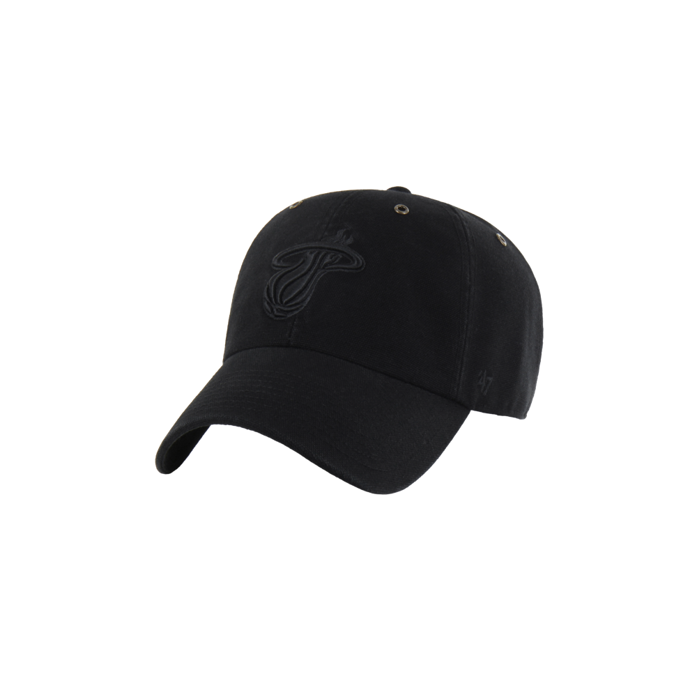 The 47' Brand Carhartt Miami HEAT Cleanup Dad Hat is a black cotton hat with a curved brim and an all-black embroidered Miami Heat logo on the front. One size fits most. Background is plain white.