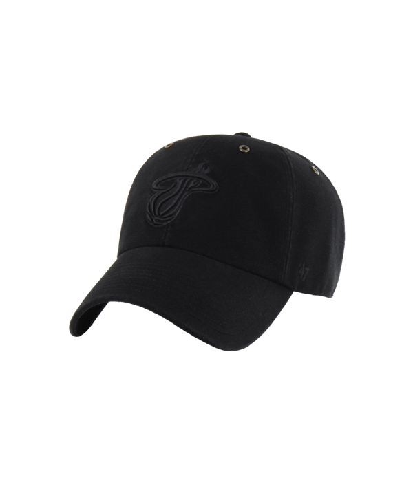 The 47' Brand Carhartt Miami HEAT Cleanup Dad Hat is a black cotton hat with a curved brim and an all-black embroidered Miami Heat logo on the front. One size fits most. Background is plain white.