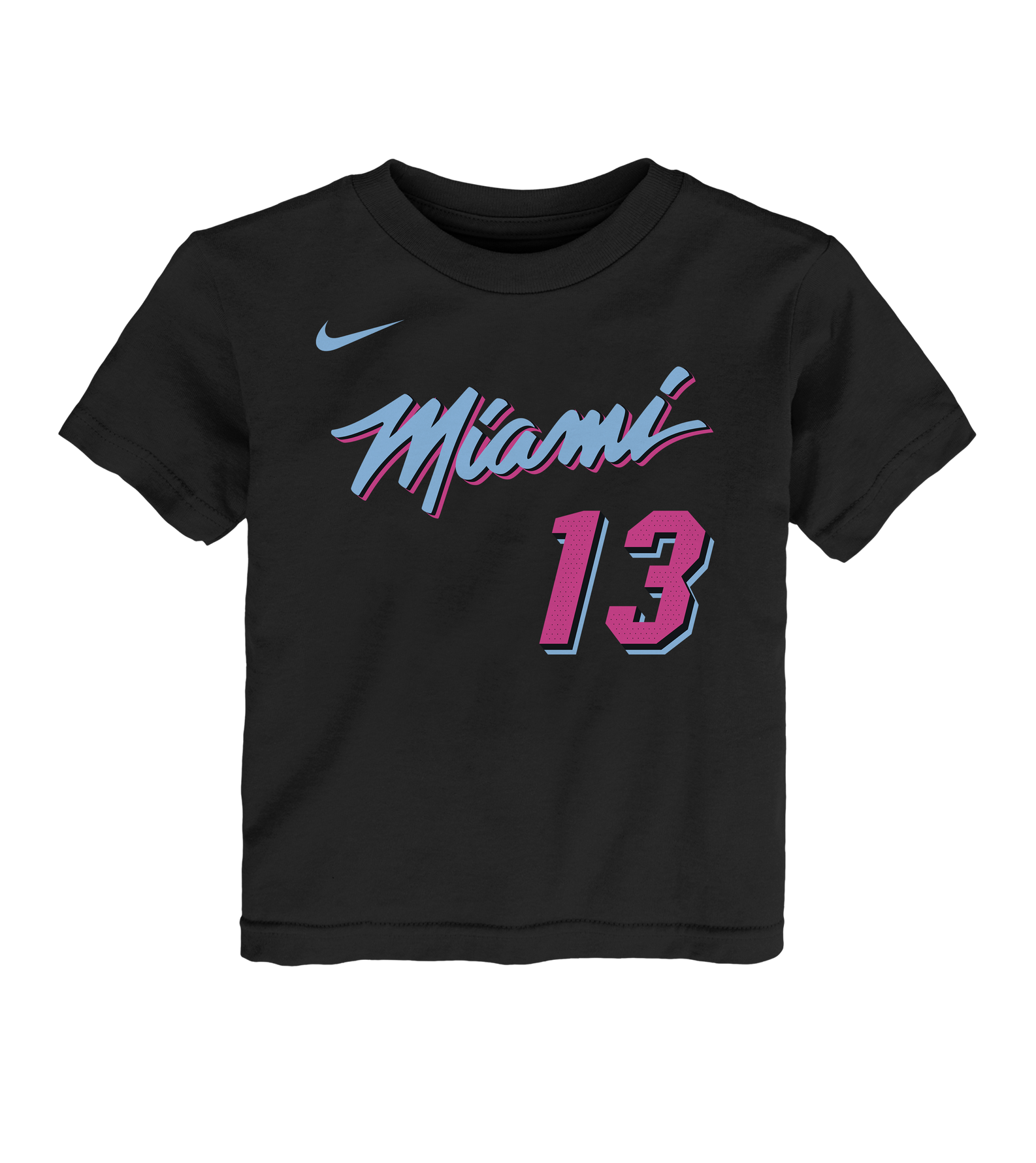 The Bam Adebayo Nike Original Vice Nights Kids Name & Number Tee is a black cotton t-shirt featuring 
