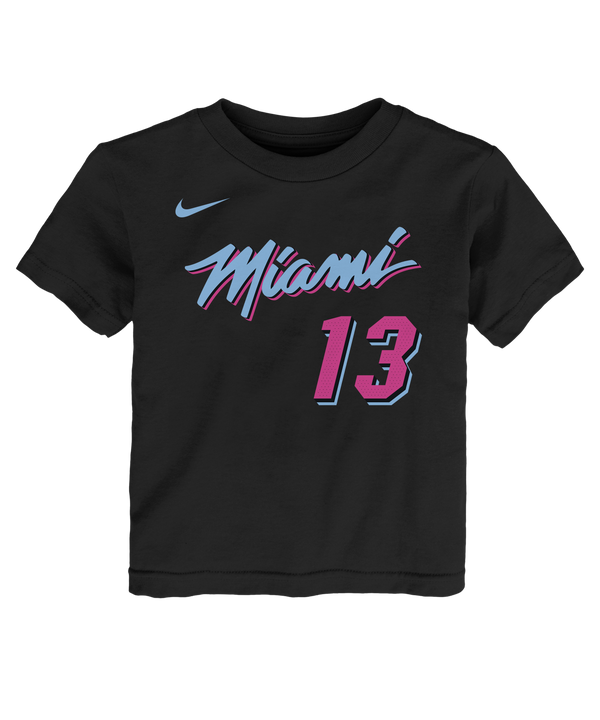 The Bam Adebayo Nike Original Vice Nights Kids Name & Number Tee is a black cotton t-shirt featuring 