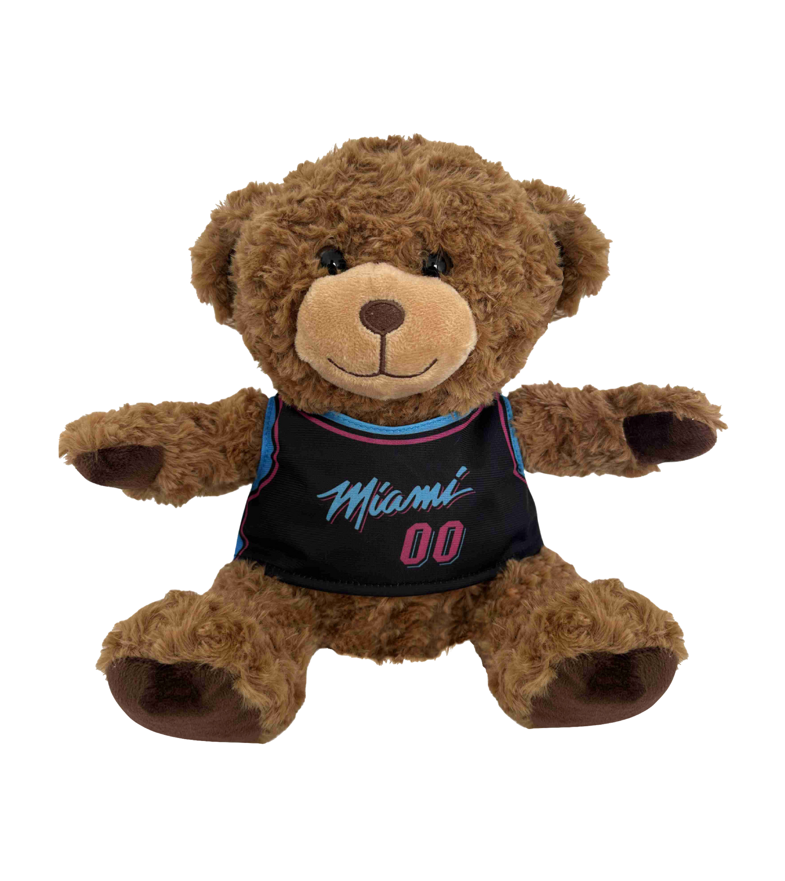 The Forever Collectibles Miami HEAT Original Vice Nights Jersey Bear is a brown teddy bear in a black jersey with blue and pink “00,” made of soft polyester fiber, sitting with arms and legs spread, suitable for ages 3 and up.