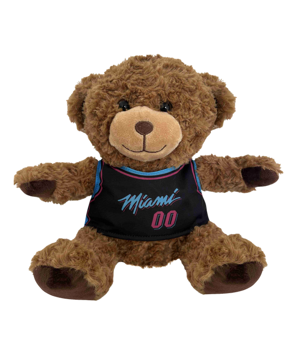 The Forever Collectibles Miami HEAT Original Vice Nights Jersey Bear is a brown teddy bear in a black jersey with blue and pink “00,” made of soft polyester fiber, sitting with arms and legs spread, suitable for ages 3 and up.