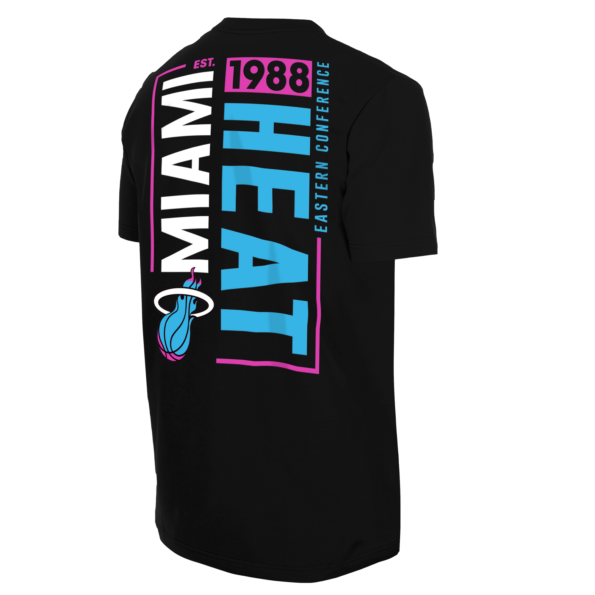 The New Era Miami HEAT Original Vice Nights Back Print Tee is a black cotton-spandex men’s T-shirt with bold, colorful Miami HEAT graphics and logo on the back—stylish, standard fit men’s fashion.