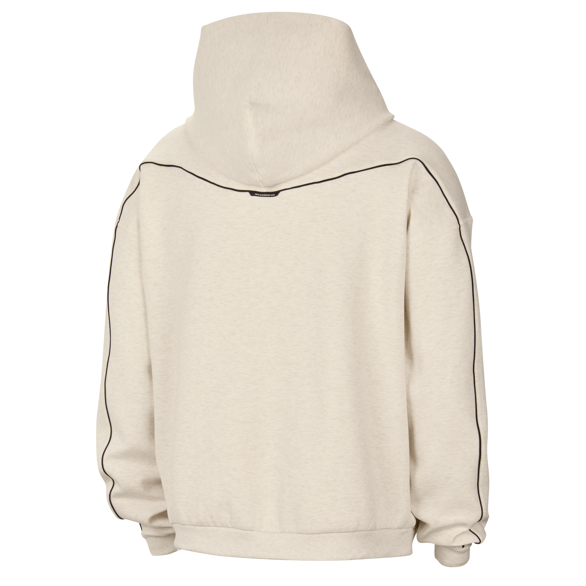 Back view of a loose fit beige Nike Miami HEAT Standard Issue Stretch Ivory Hoodie with black piping details along the shoulders and sleeves.