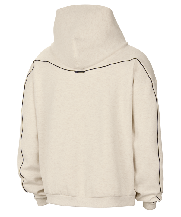Nike Miami HEAT Standard Issue Stretch Ivory Hoodie: an off-white loose fit hooded sweatshirt with a small black Swoosh, MIAMI HEAT BASKETBALL text, and a team logo centered on the chest, featuring a front kangaroo pocket.