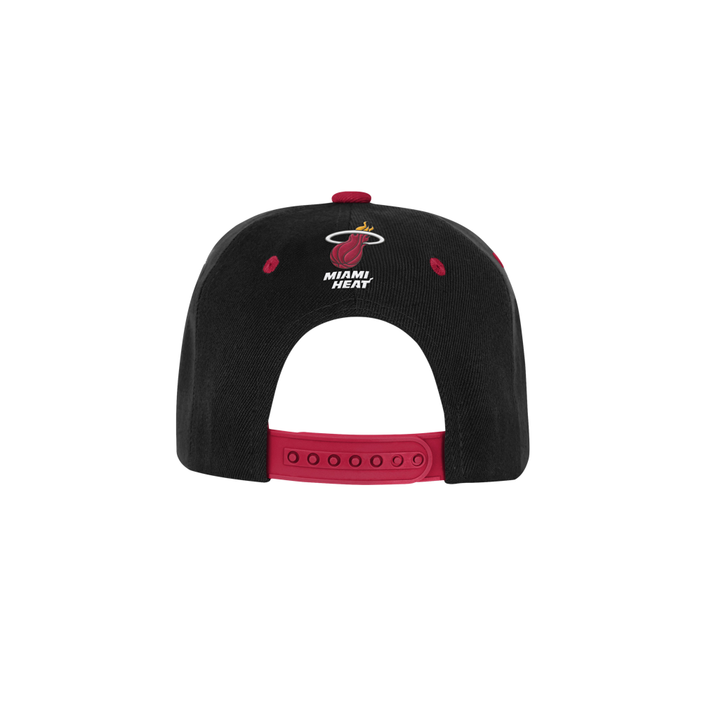 Back view of the Outerstuff Miami HEAT Wordmark Brim Youth Snapback in black polyester with a red adjustable strap and team logo above 