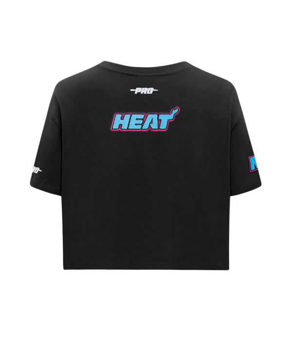 The Pro Standard Miami HEAT Original Vice Nights Women's Boxy Tee is a black cropped cotton top with 