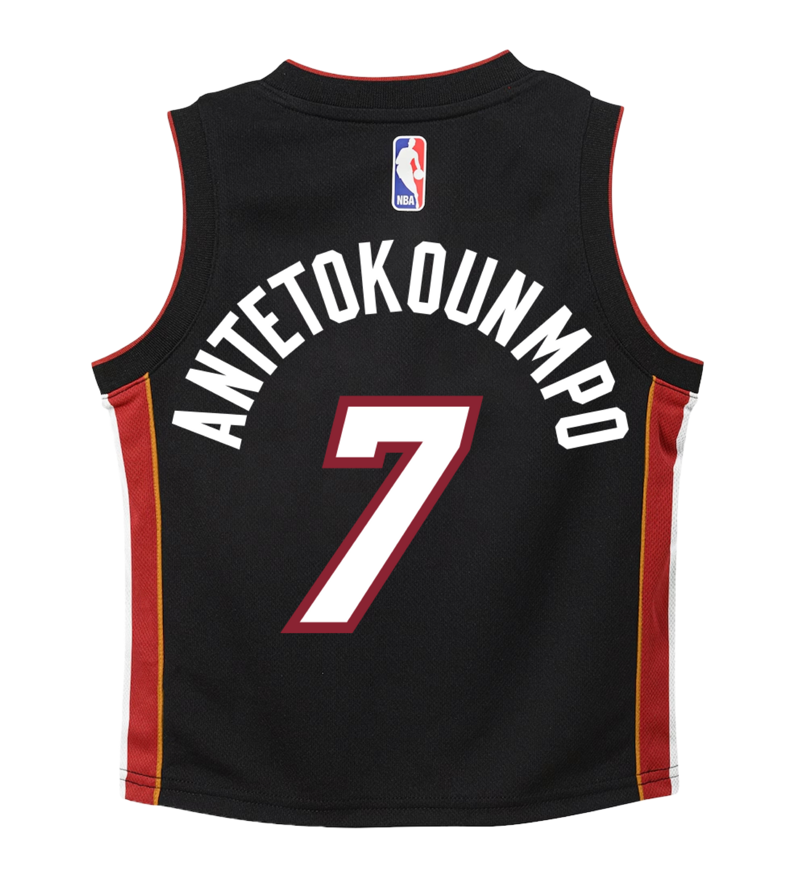 Check out the Giannis Antetokounmpo Nike Miami HEAT Icon Black Kids Replica Jersey by Nike. This black basketball jersey features bold red and yellow side stripes, white ANTETOKOUNMPO lettering across the back, and a large white number 7 outlined in red. The NBA logo appears on the upper back. Made from durable polyester in a standard fit for comfort, this easy-care jersey is machine washable—just wash and wear.