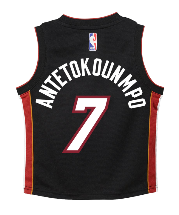 A black Miami Heat basketball jersey with red and yellow side panels, the number 7 on the front, and Nike and NBA logos. Crafted from durable polyester in a standard fit, this jersey is designed for comfort and can be easily maintained with a machine wash.