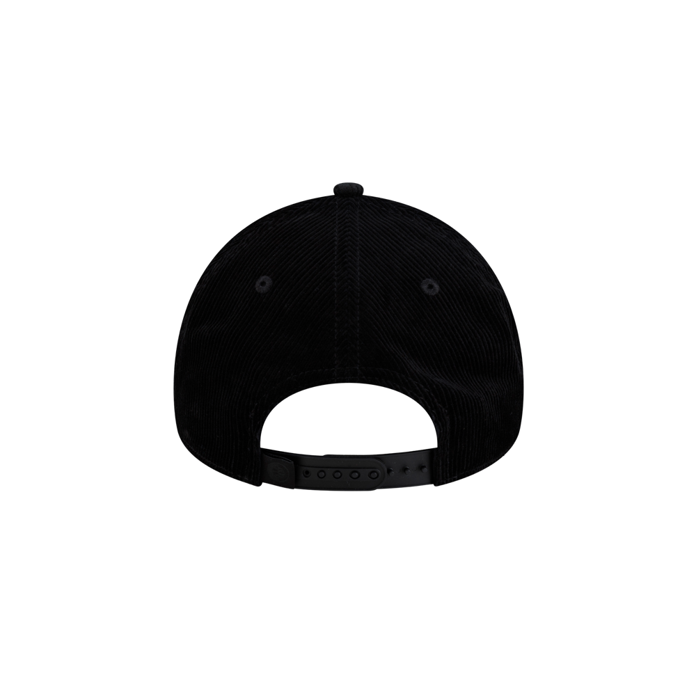 Back view of a black cotton Court Culture x New Era Corduroy Logo Dad Cap showing an A-Frame silhouette with an adjustable snapback closure.