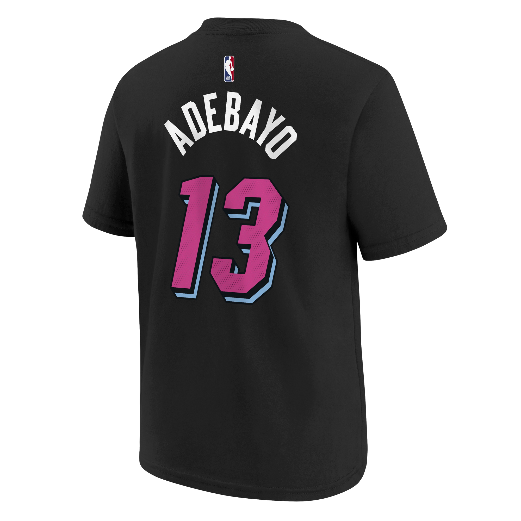The Bam Adebayo Nike Original Vice Nights Youth Name & Number Tee is a black cotton t-shirt with “Adebayo” and number “13” in white and pink outline, NBA logo at the neck, standard fit, and machine washable.