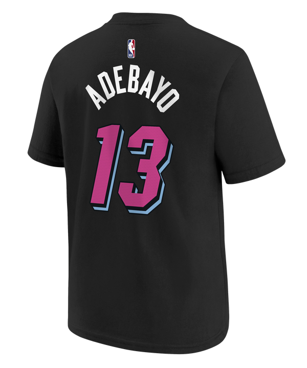 The Nike Bam Adebayo Original Vice Nights Youth Name & Number Tee is a black, soft cotton T-shirt with 