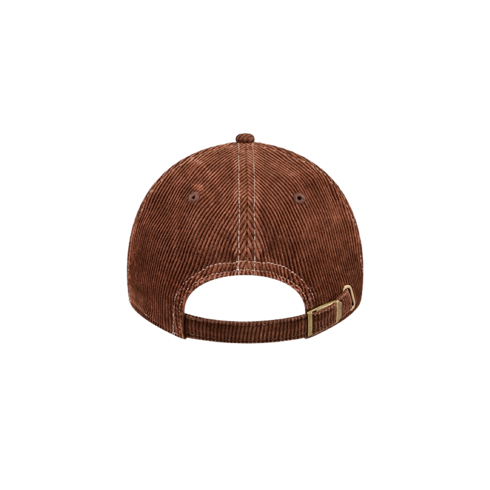 Back view of the New Era Miami HEAT Brown Corduroy Dad Hat, featuring classic cotton corduroy fabric in brown, an adjustable strap with brass clasp, and a ‘one size fits most’ design by New Era, set against a plain white background.