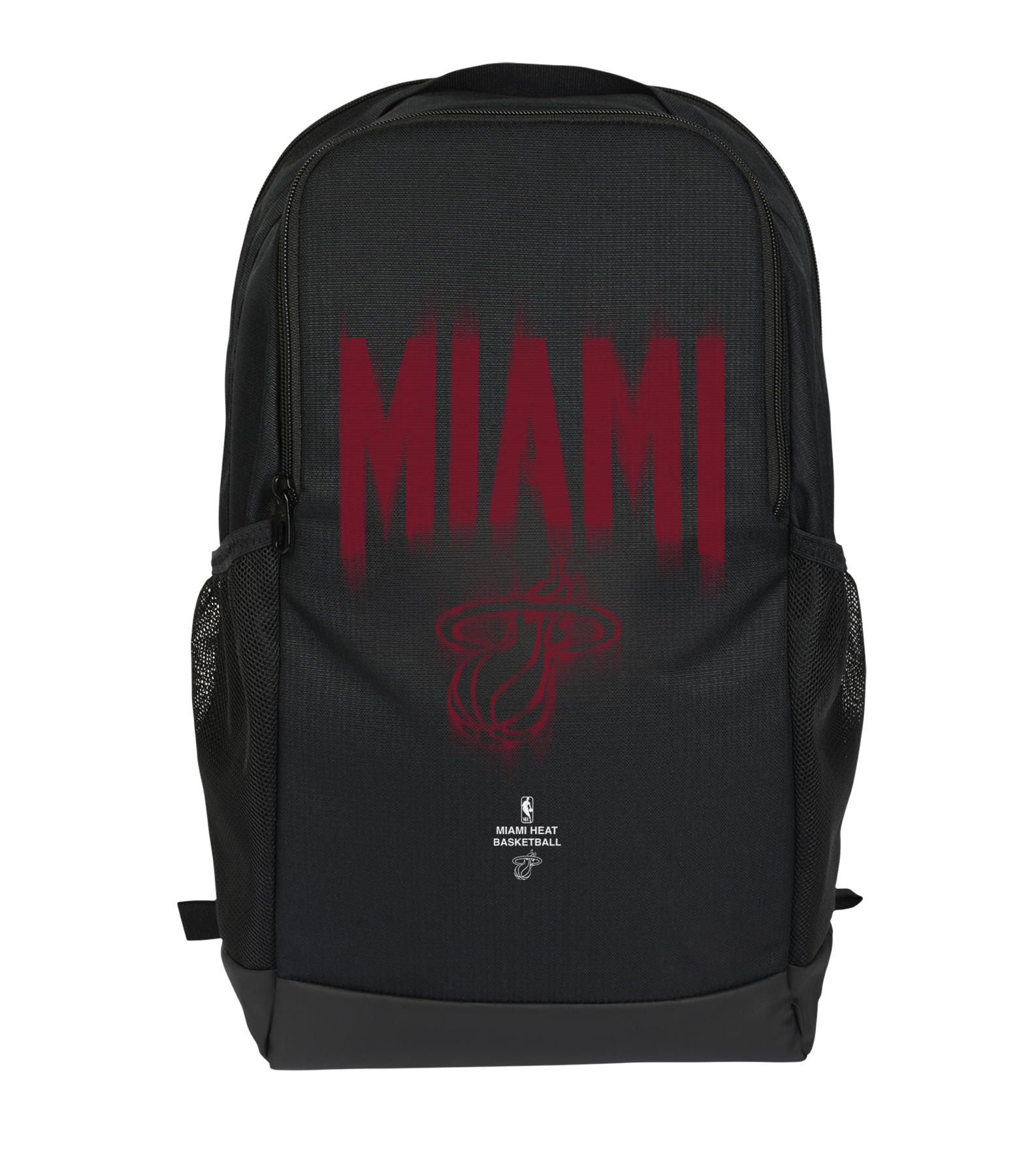 The Nike Miami HEAT Backpack by Nike is shown standing upright against a plain white background. This black backpack features bold red “MIAMI” lettering on the front, with the Miami Heat basketball logo displayed underneath. It has two mesh side pockets, a spacious zippered compartment, and padded shoulder straps for enhanced comfort.