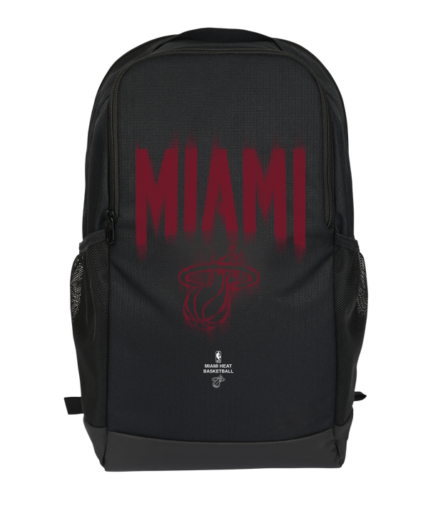 Two views of the Nike Miami HEAT Backpack: one side displays “MIAMI” in red lettering along with the team’s logo, while the other showcases padded shoulder straps featuring a white Nike logo. The backpack by Nike also includes a spacious zippered compartment for convenient storage.