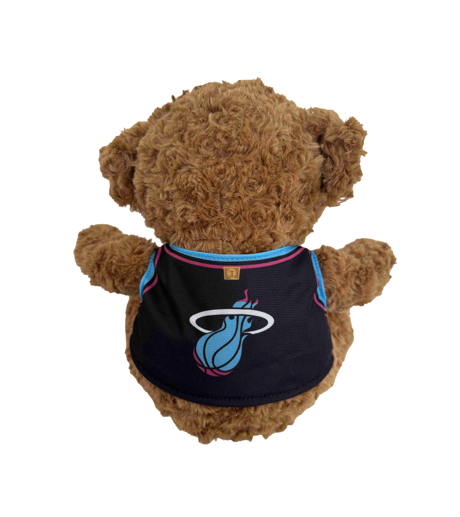 A Forever Collectibles Miami HEAT Original Vice Nights Jersey Bear is shown from behind in a black, blue, pink, and white jersey. Made with polyester fiber, surface washable, and recommended for ages 3+. Background is plain white.