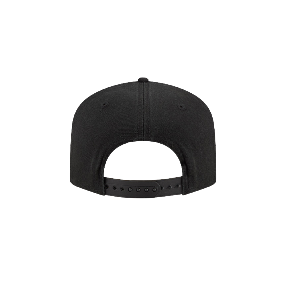 The New Era Miami HEAT Stacked Snapback, shown from the back on a plain white background, features a pre-curved visor, adjustable snapback closure, curved opening above the strap, and is one size fits most.