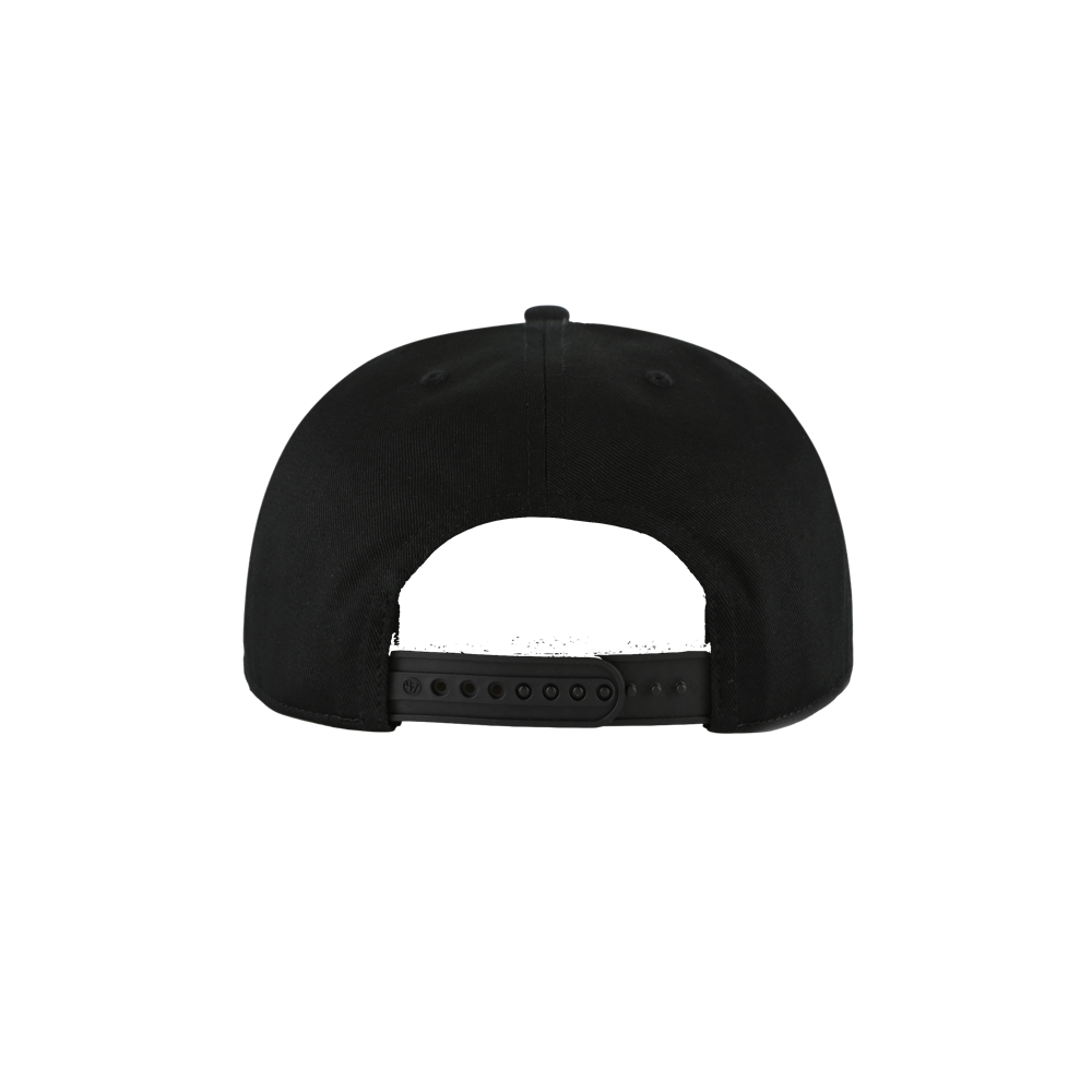 The '47 Brand Miami HEAT Captain Black Snapback is shown from the back, highlighting its adjustable plastic strap and small top button. One size fits most. Set against a plain white background.