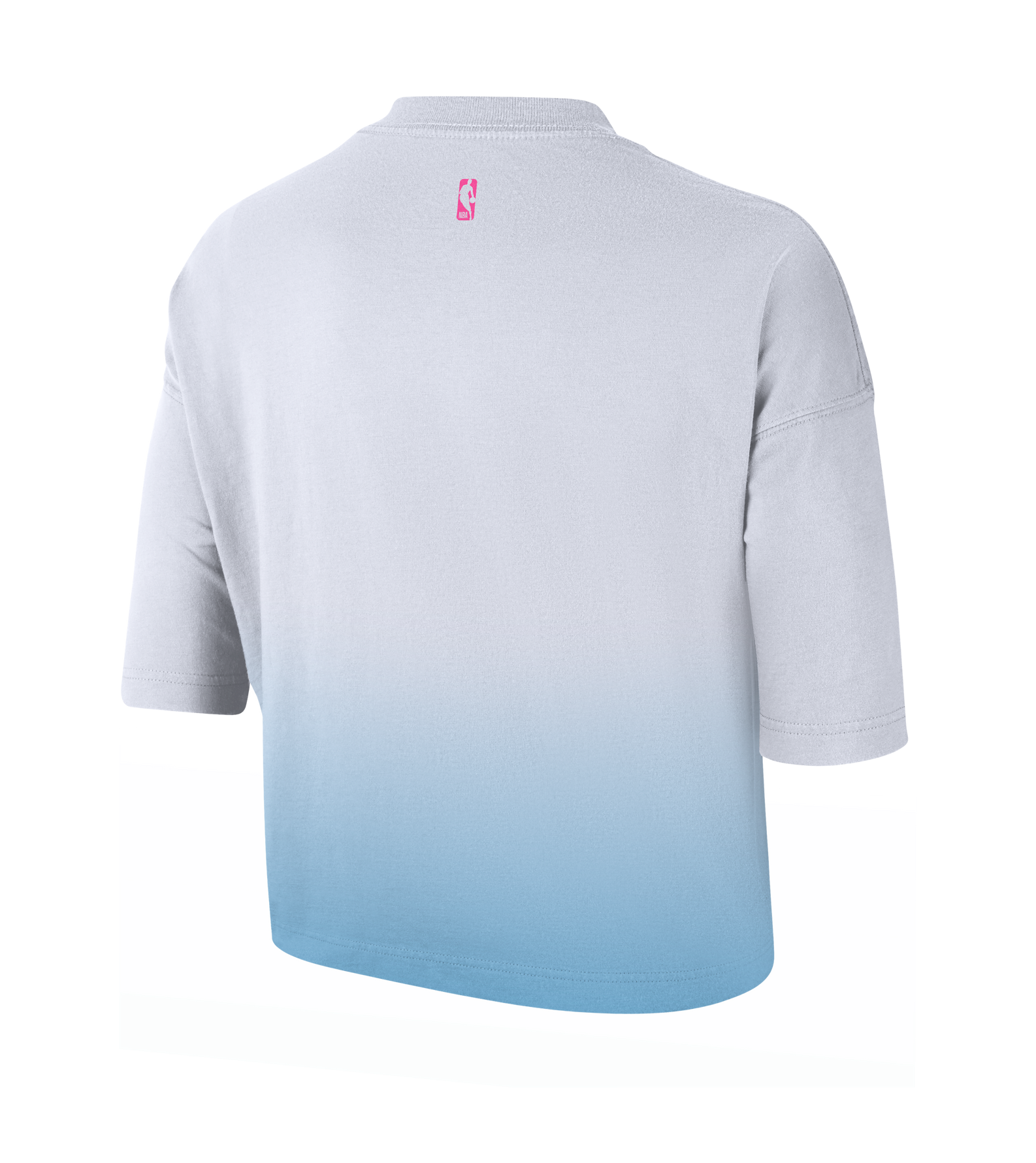 The Nike Miami HEAT Original Vice Nights Women's Boxy Tee by Nike is a loose-fit cotton short-sleeve top shown from the back, with a white-to-light blue gradient and a pink NBA logo below the collar. Wash with like colors for best care.