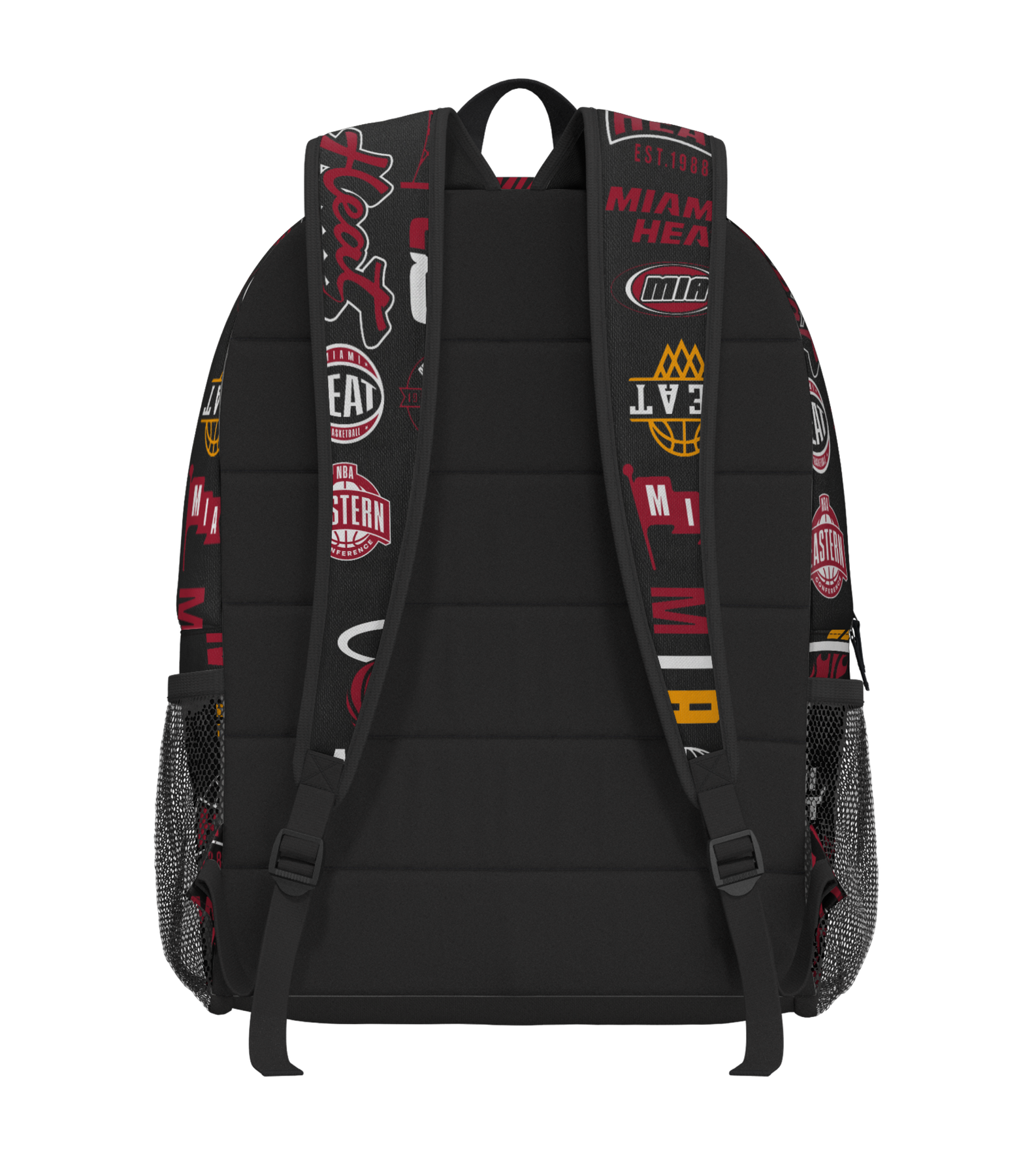 The Miami HEAT Ball Hog Backpack by Outerstuff is a black polyester backpack with padded, adjustable shoulder straps and mesh side pockets. It features bold red, yellow, and white Miami Heat basketball team logos on the straps and sides. The backpack includes a convenient zippered pocket for extra storage, while its back panel remains plain black.
