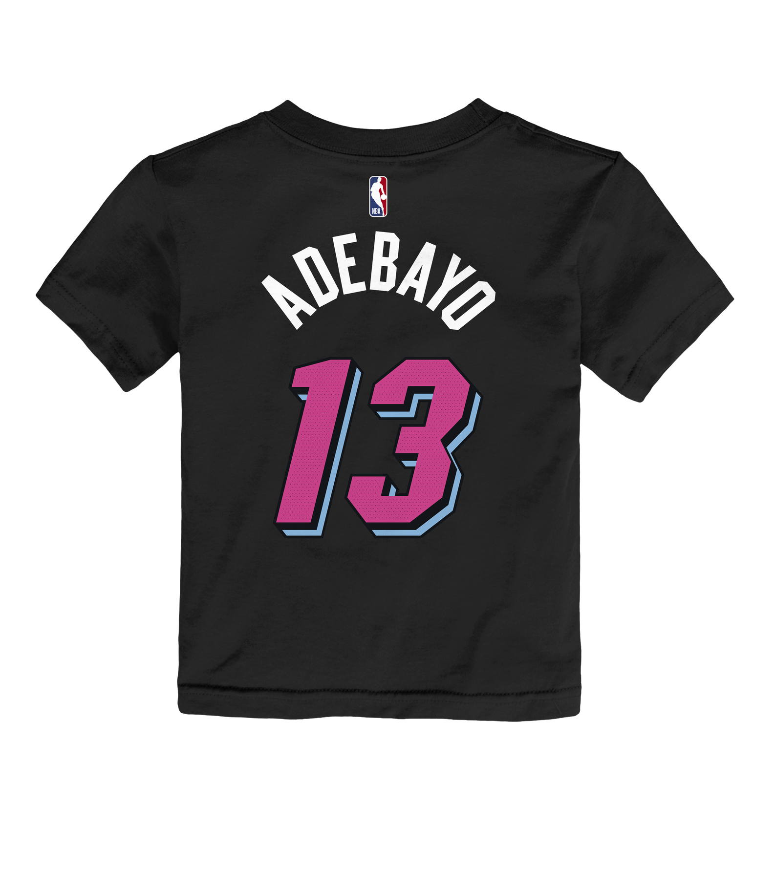 The Bam Adebayo Nike Original Vice Nights Kids Name & Number Tee is a black, short-sleeve cotton t-shirt with “ADEBAYO” in white and “13” in pink/blue on the back, plus a small NBA logo. Standard fit, machine washable.