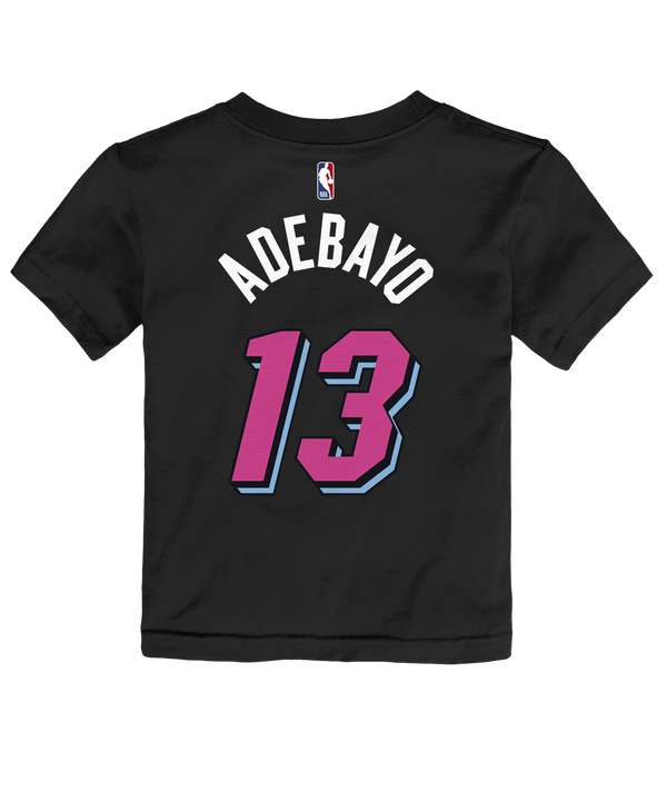 The Bam Adebayo Nike Original Vice Nights Kids Name & Number Tee is a black cotton t-shirt featuring 