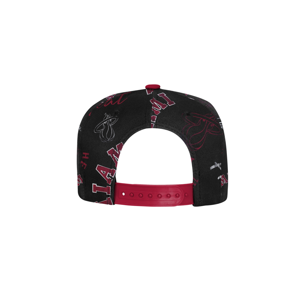 Back view of the Outerstuff Miami HEAT Youth Hooper Snapback hat in black polyester, featuring red and white team logos and text, a red adjustable strap, and spot clean care. One size fits most.