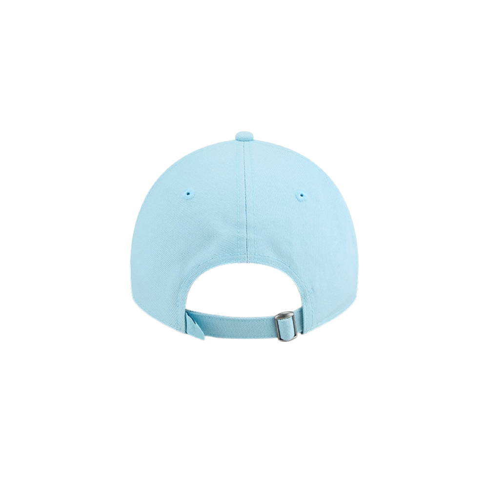The New Era Miami HEAT Light Blue Color Pack Dad Hat is shown from the back with an adjustable strap and metal buckle, two embroidered eyelets, and a plain white background. Made of polyester. One size fits most. Spot clean recommended.