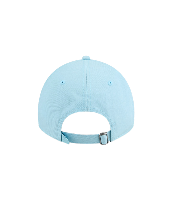 The New Era Miami HEAT Light Blue Color Pack Dad Hat is a light blue polyester cap with a raised embroidered team logo, a silver brim sticker, and an adjustable fit. Displayed on a white background, this New Era hat is easy to spot clean.