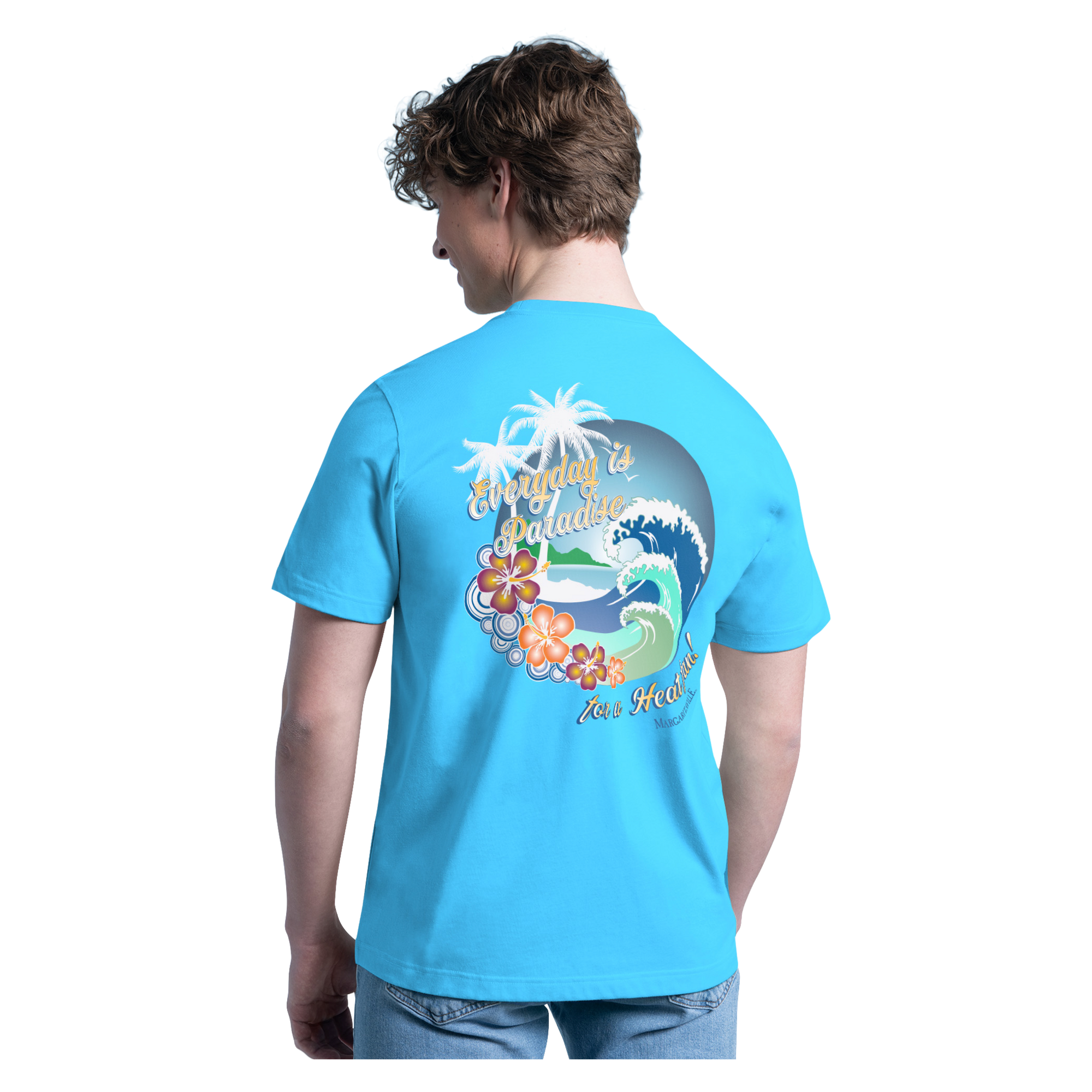 A person wearing the G-III Sports Margaritaville Miami HEAT 'Everyday is Paradise' Tee, a bright blue cotton polyester shirt with a tropical back design and text 
