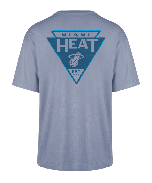 The '47 Brand Miami HEAT Original Vice Nights Switchback Tee is a cotton, light blue standard fit T-shirt with a blue triangular Miami Heat logo and basketball on the left chest. Machine washable; shown on a white background.