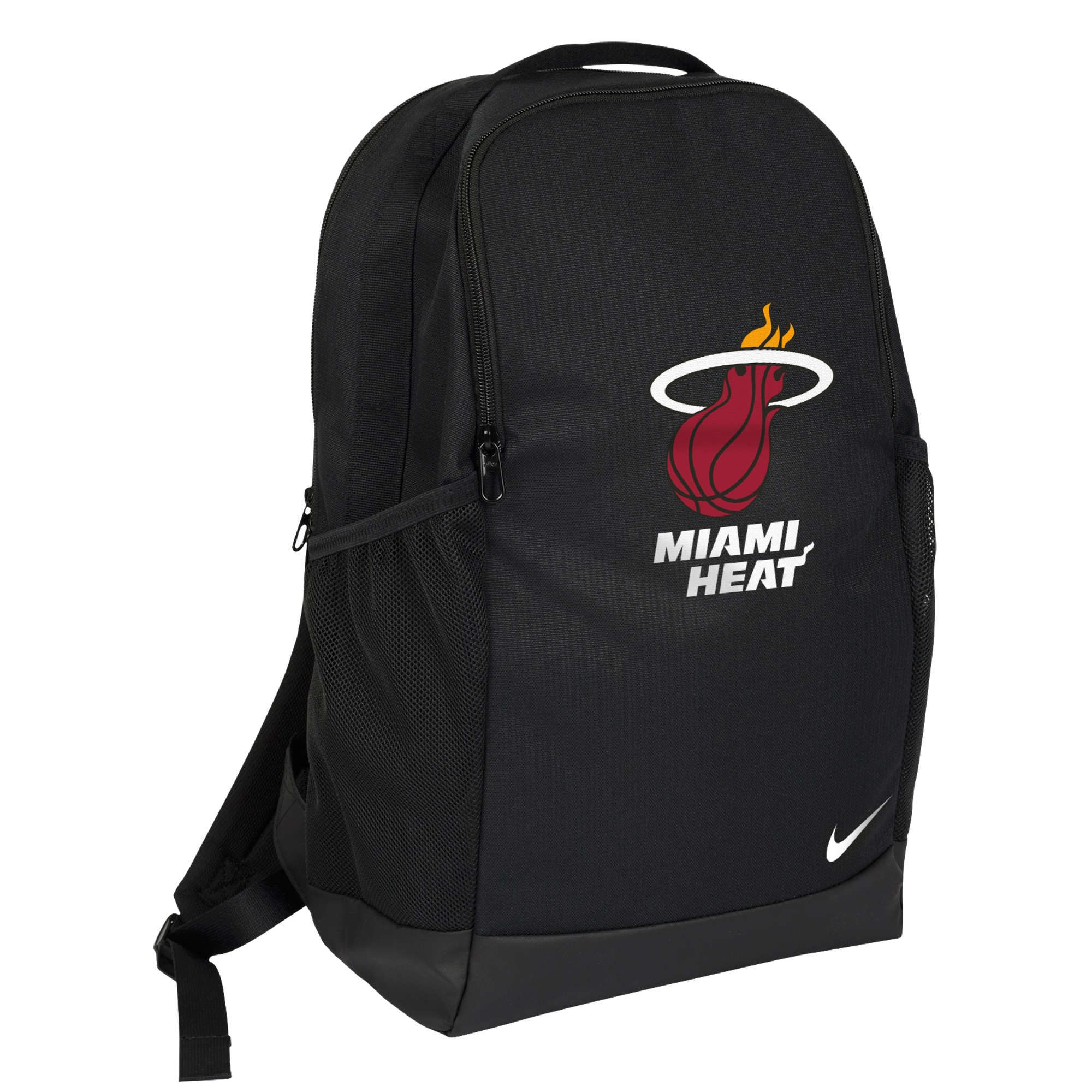 Black Nike Miami HEAT Barsilia backpack with flame logo and white Nike swoosh. - Nike Miami HEAT Barsilia Backpack